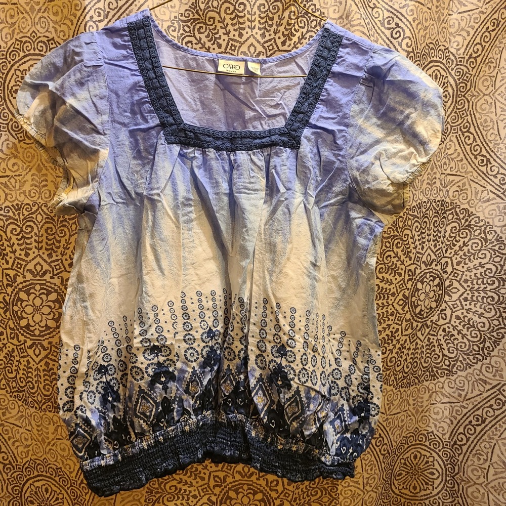 Cato Blouse Women 18/20W Blue Ombre Boho Crochet Square Neck Smocked Hem Top